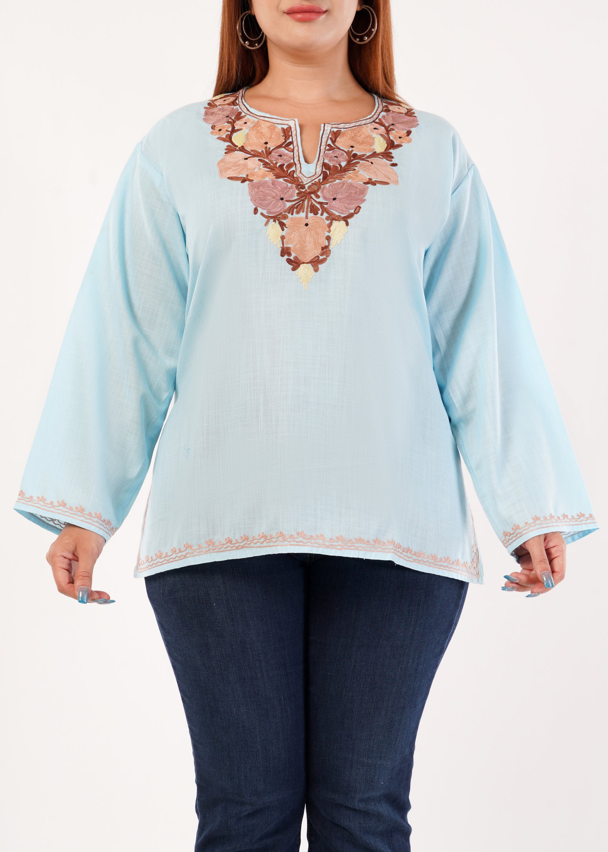 Kashmiri Aari embroidery Cotton Short Kurti Size-46 (Sky Blue)