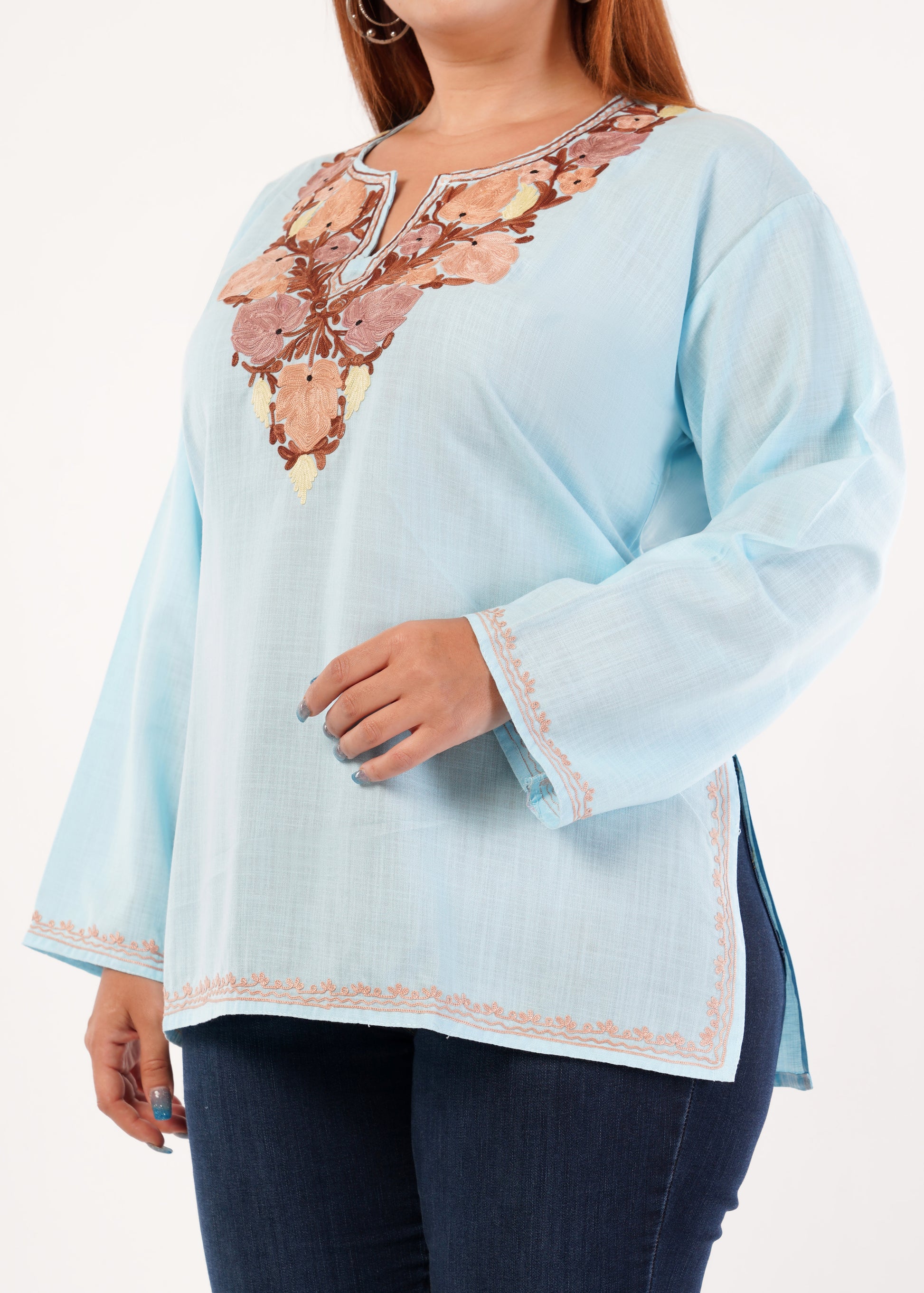 Kashmiri Aari embroidery Cotton Short Kurti Size-46 (Sky Blue)