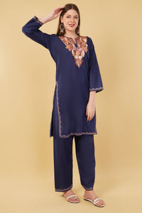 Kashmiri Aari embroidery Cotton Co-ord set Size-42 (Navy Blue)