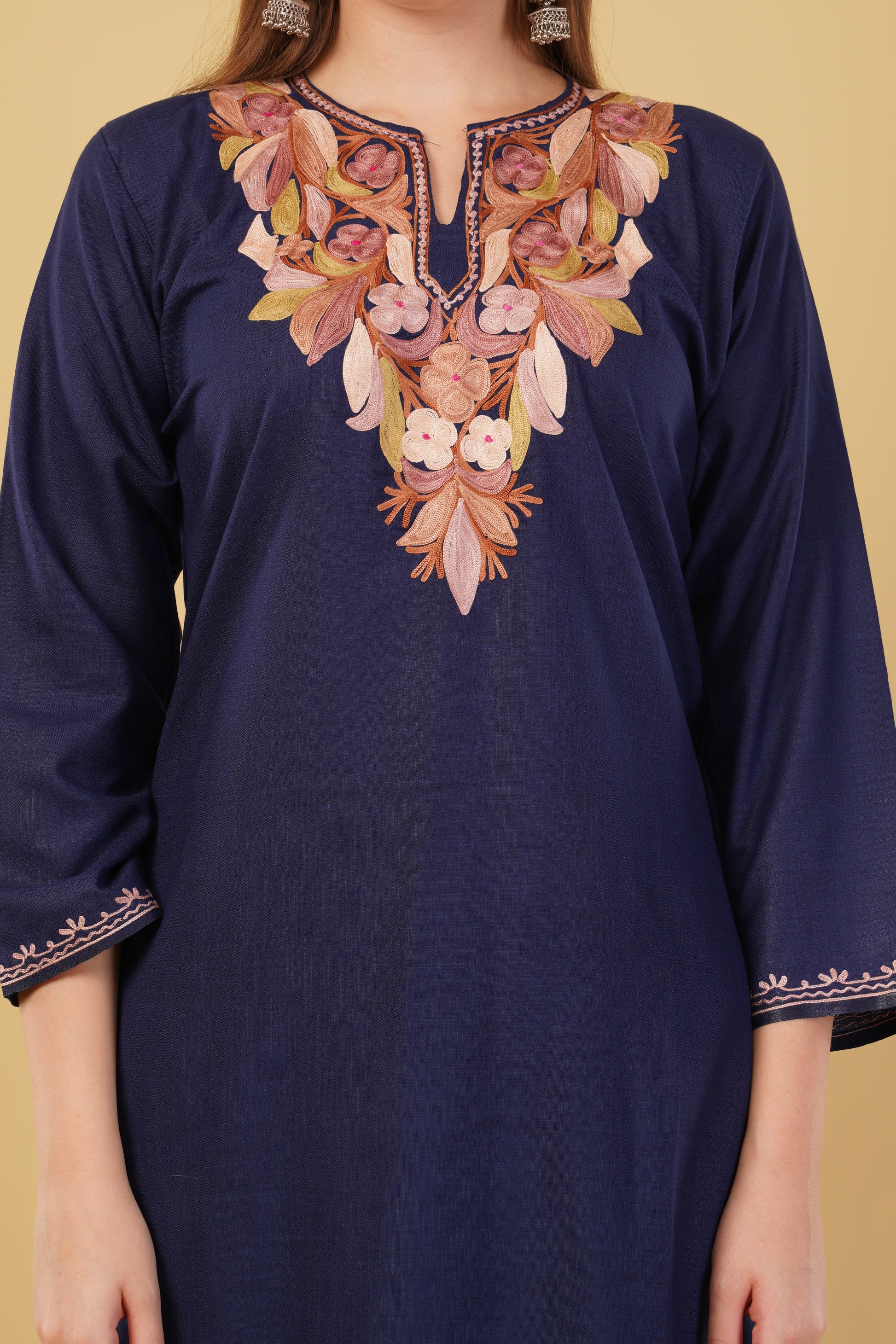 Kashmiri Aari embroidery Cotton Co-ord set Size-42 (Navy Blue)