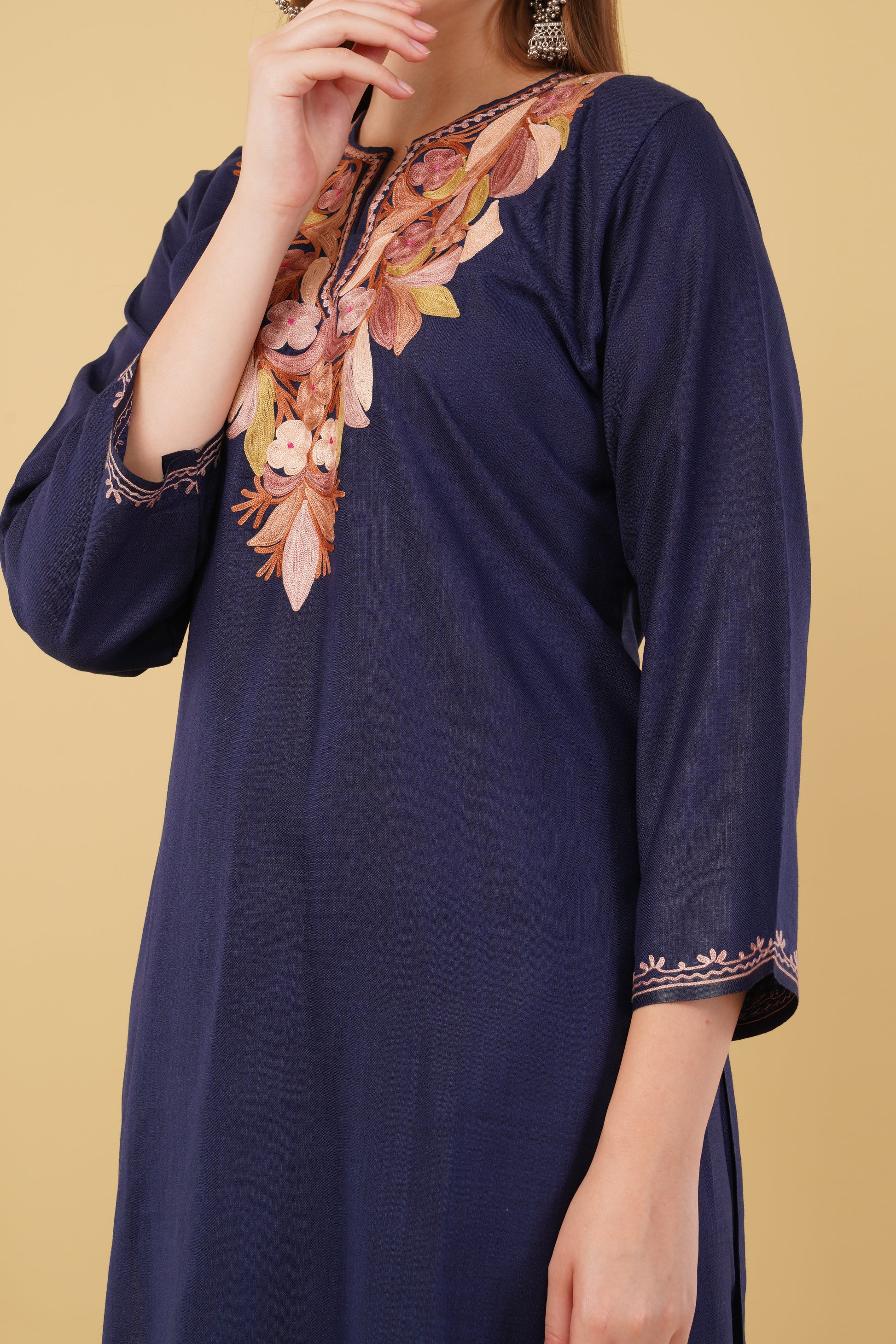 Kashmiri Aari embroidery Cotton Co-ord set Size-42 (Navy Blue)
