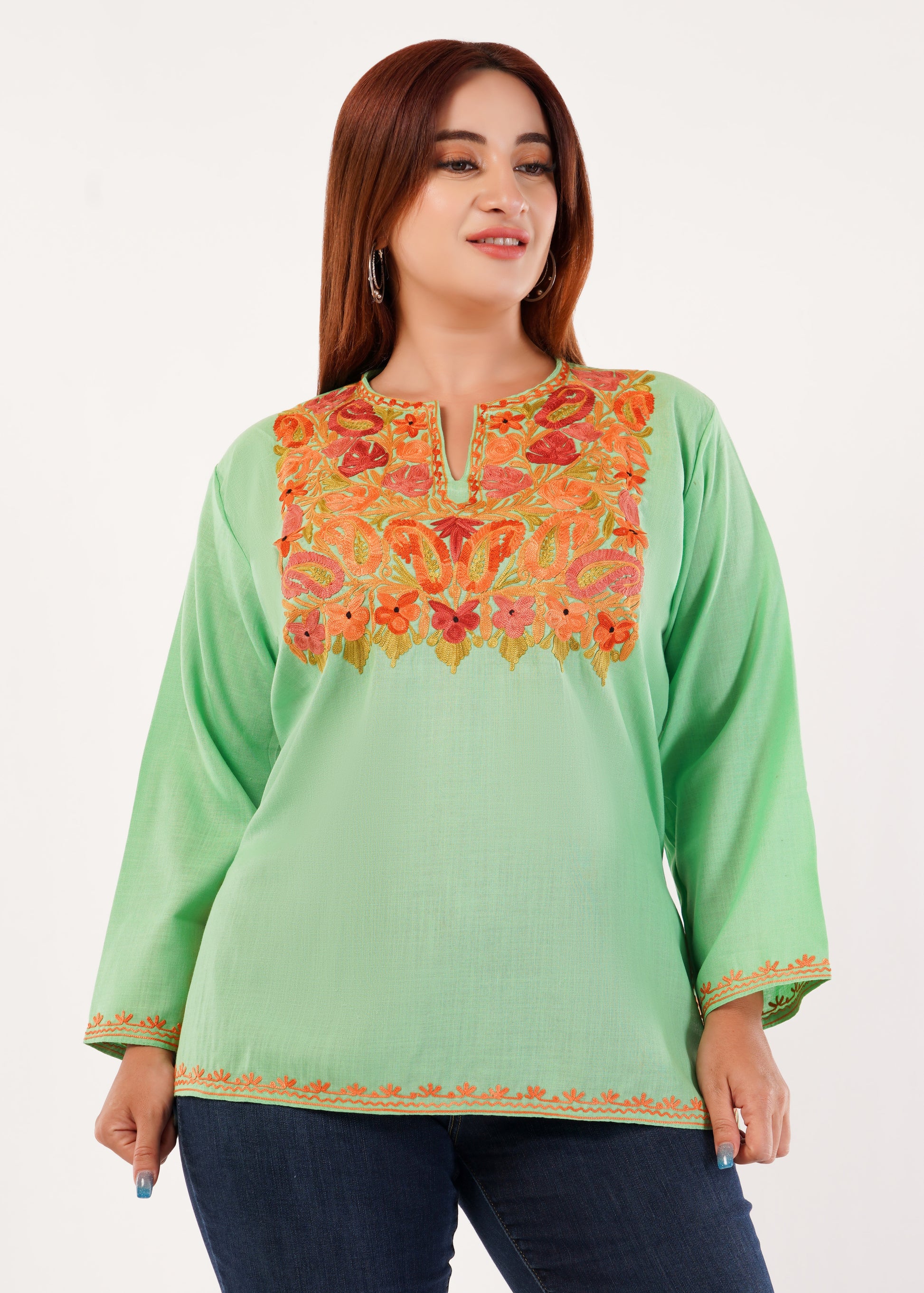 Kashmiri Aari embroidery Cotton Short Kurti Size-46 (Green)
