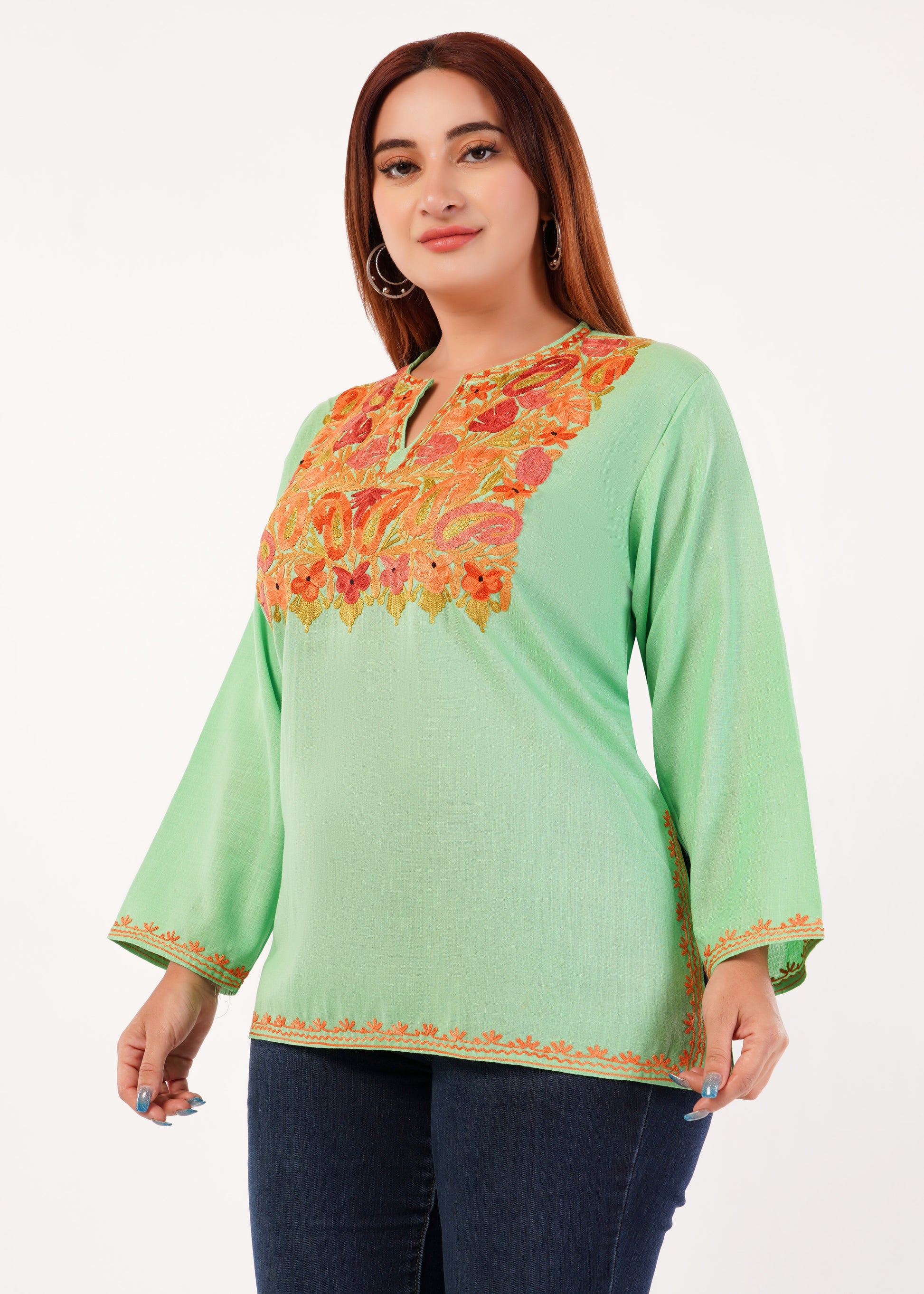 Kashmiri Aari embroidery Cotton Short Kurti Size-46 (Green)
