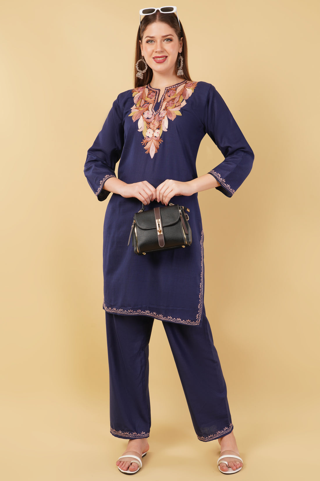 Kashmiri Aari embroidery Cotton Co-ord set Size-42 (Navy Blue)