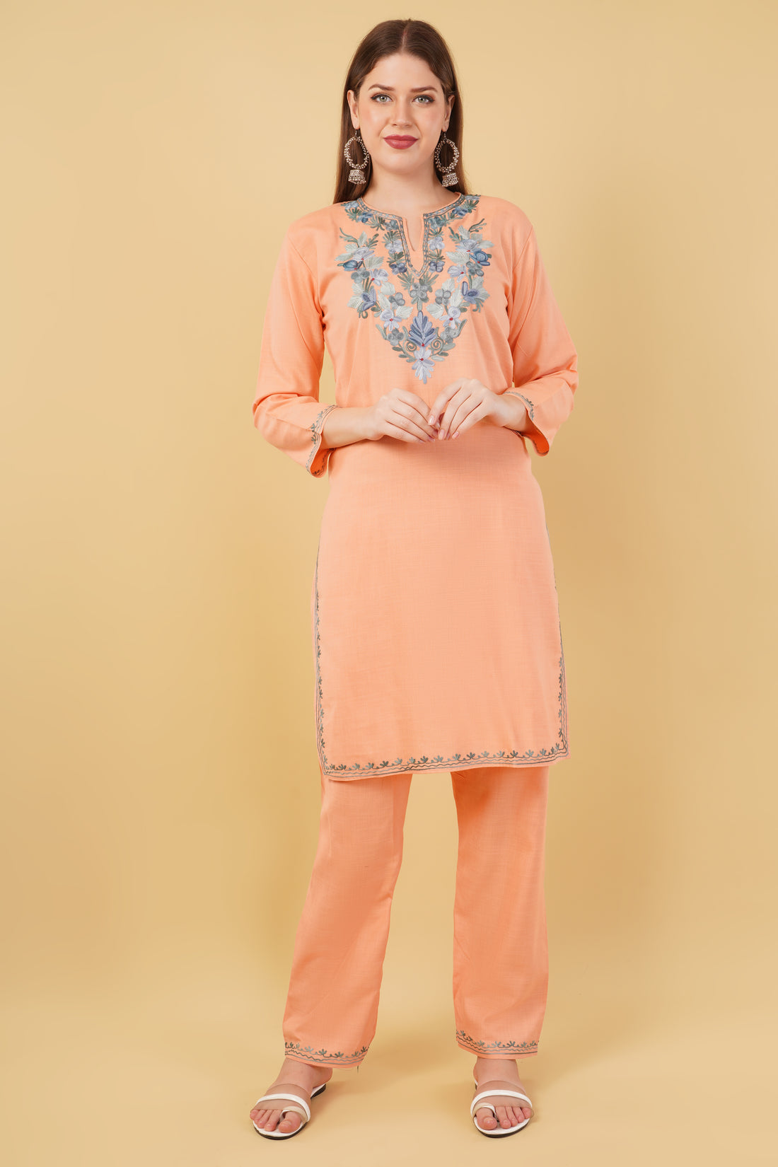 Kashmiri Aari embroidery Cotton Co-ord set Size-42 (Peach)