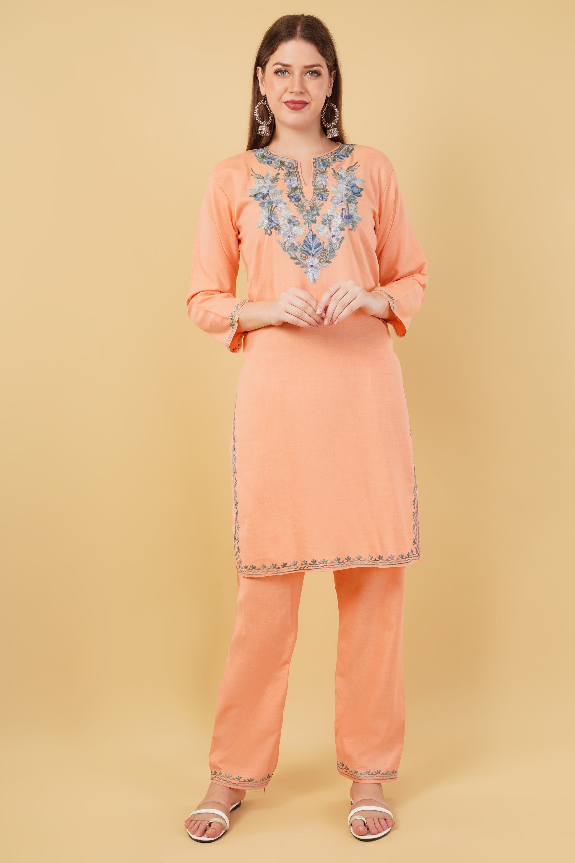 Kashmiri Aari embroidery Cotton Co-ord set Size-42 (Peach)