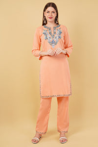 Kashmiri Aari embroidery Cotton Co-ord set Size-42 (Peach)