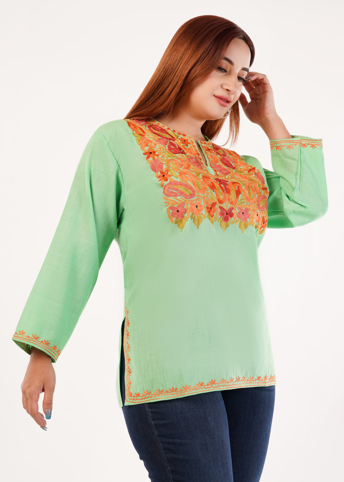 Kashmiri Aari embroidery Cotton Short Kurti Size-46 (Green)