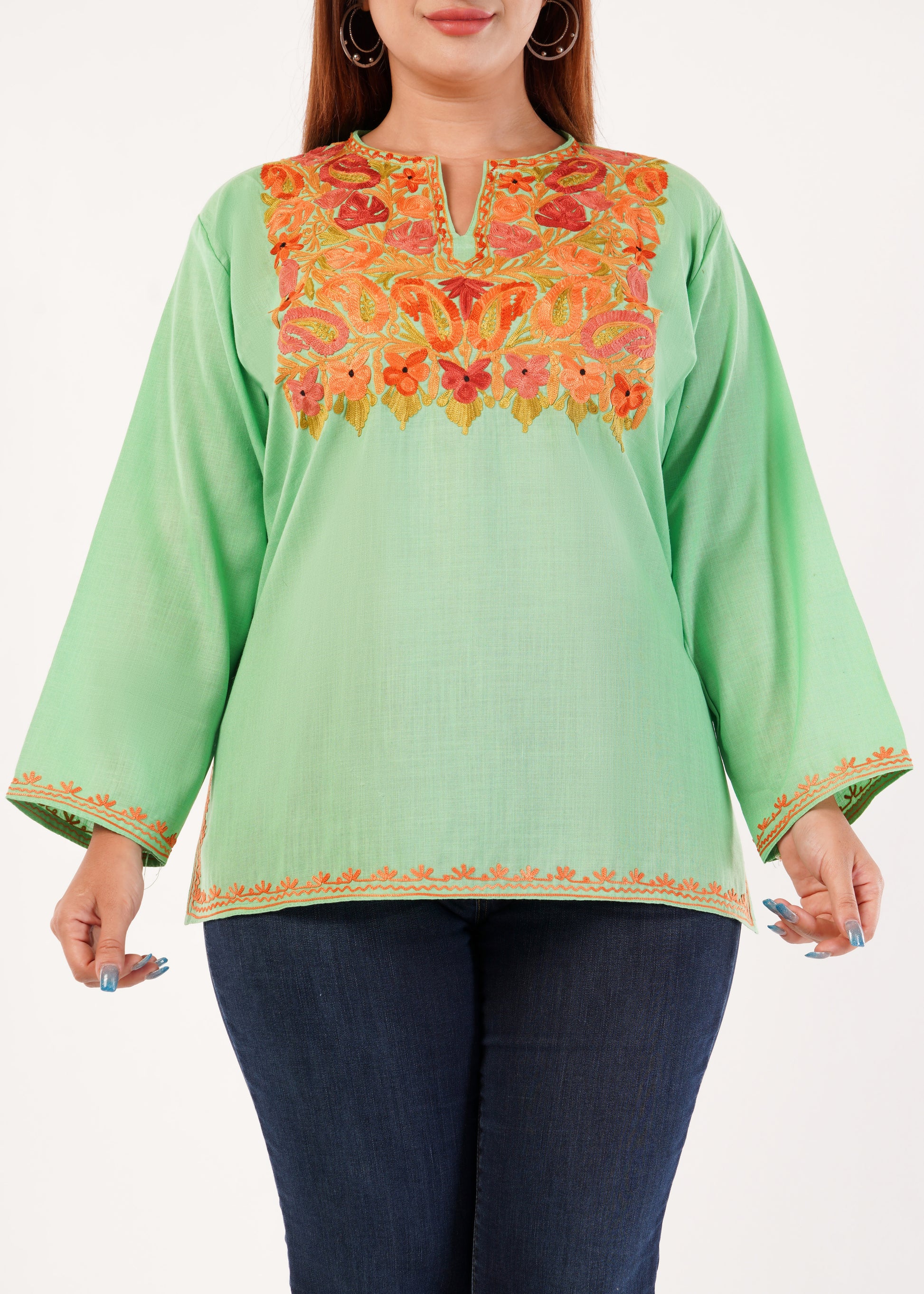 Kashmiri Aari embroidery Cotton Short Kurti Size-46 (Green)