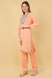 Kashmiri Aari embroidery Cotton Co-ord set Size-42 (Peach)