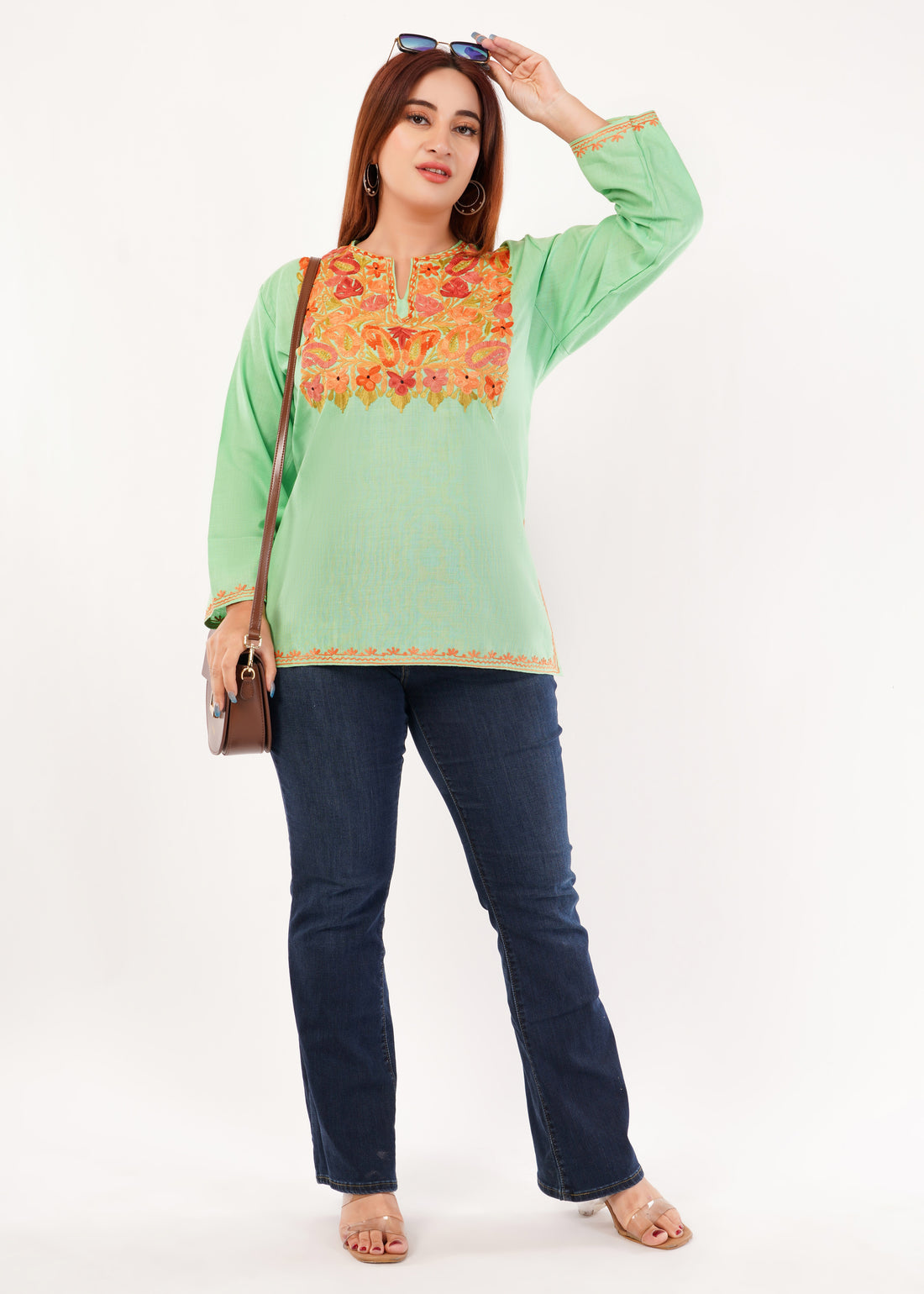 Kashmiri Aari embroidery Cotton Short Kurti Size-46 (Green)