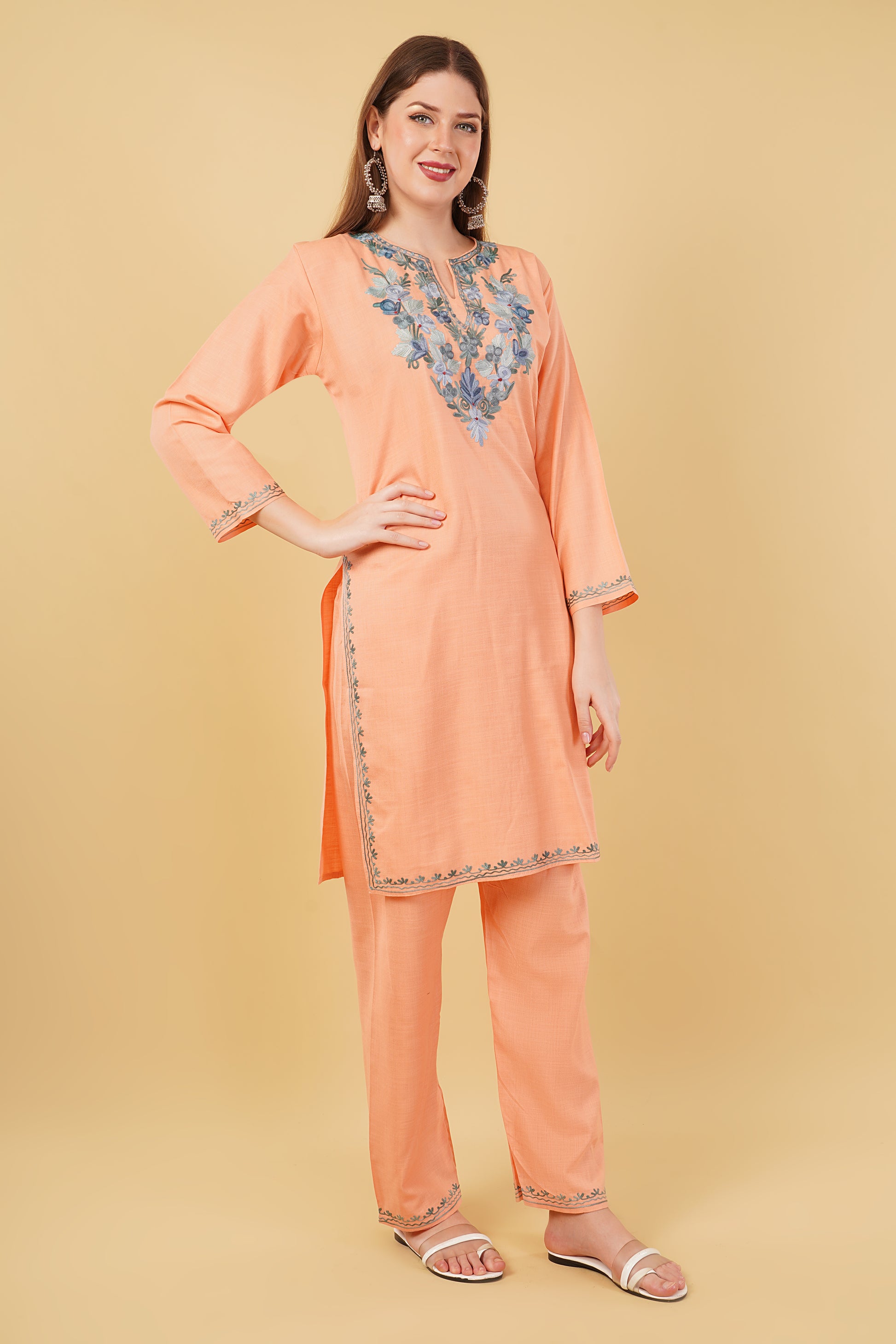 Kashmiri Aari embroidery Cotton Co-ord set Size-42 (Peach)