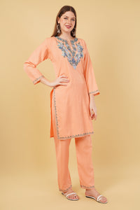 Kashmiri Aari embroidery Cotton Co-ord set Size-42 (Peach)