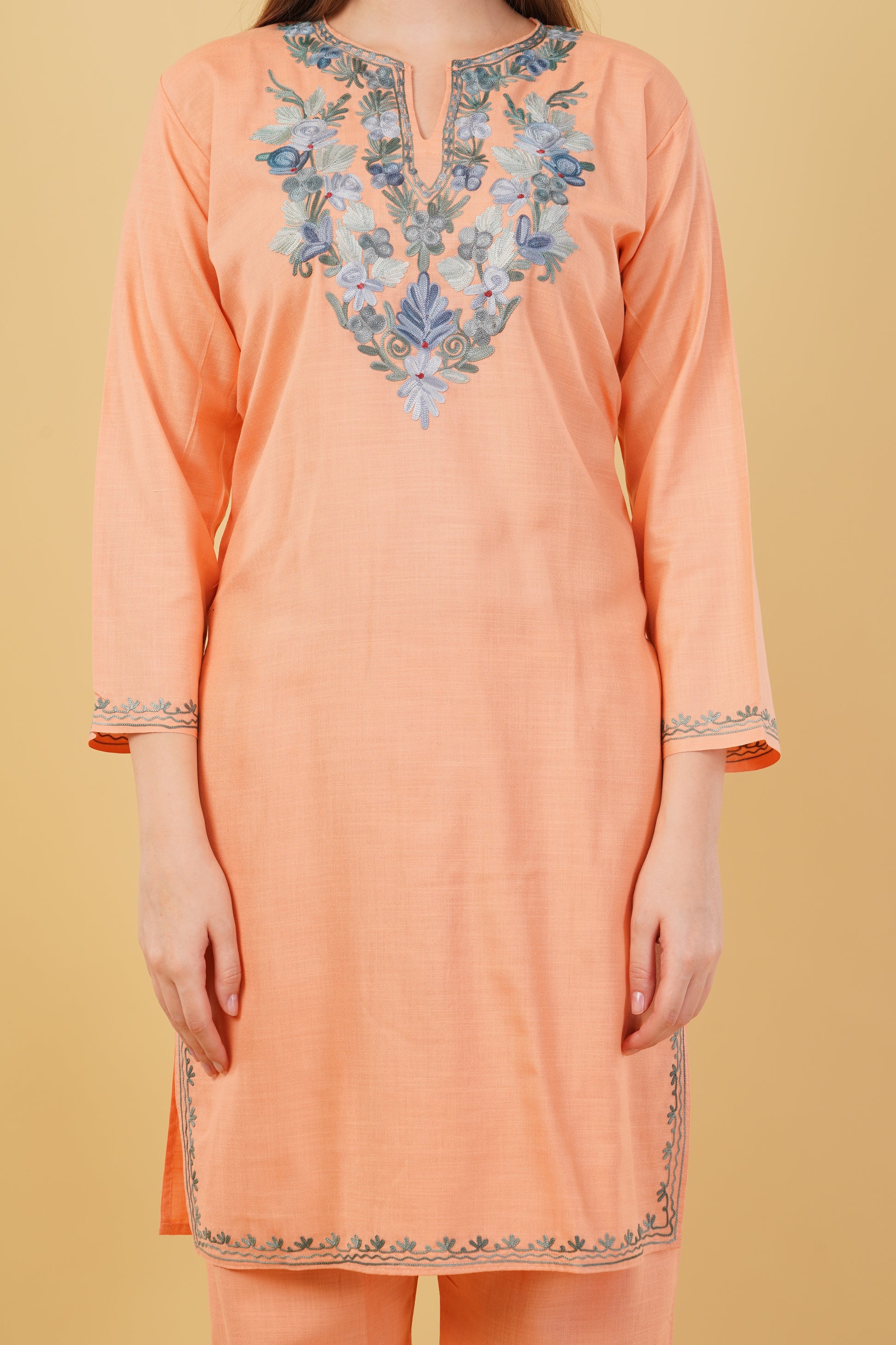 Kashmiri Aari embroidery Cotton Co-ord set Size-42 (Peach)