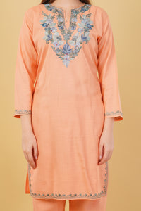 Kashmiri Aari embroidery Cotton Co-ord set Size-42 (Peach)