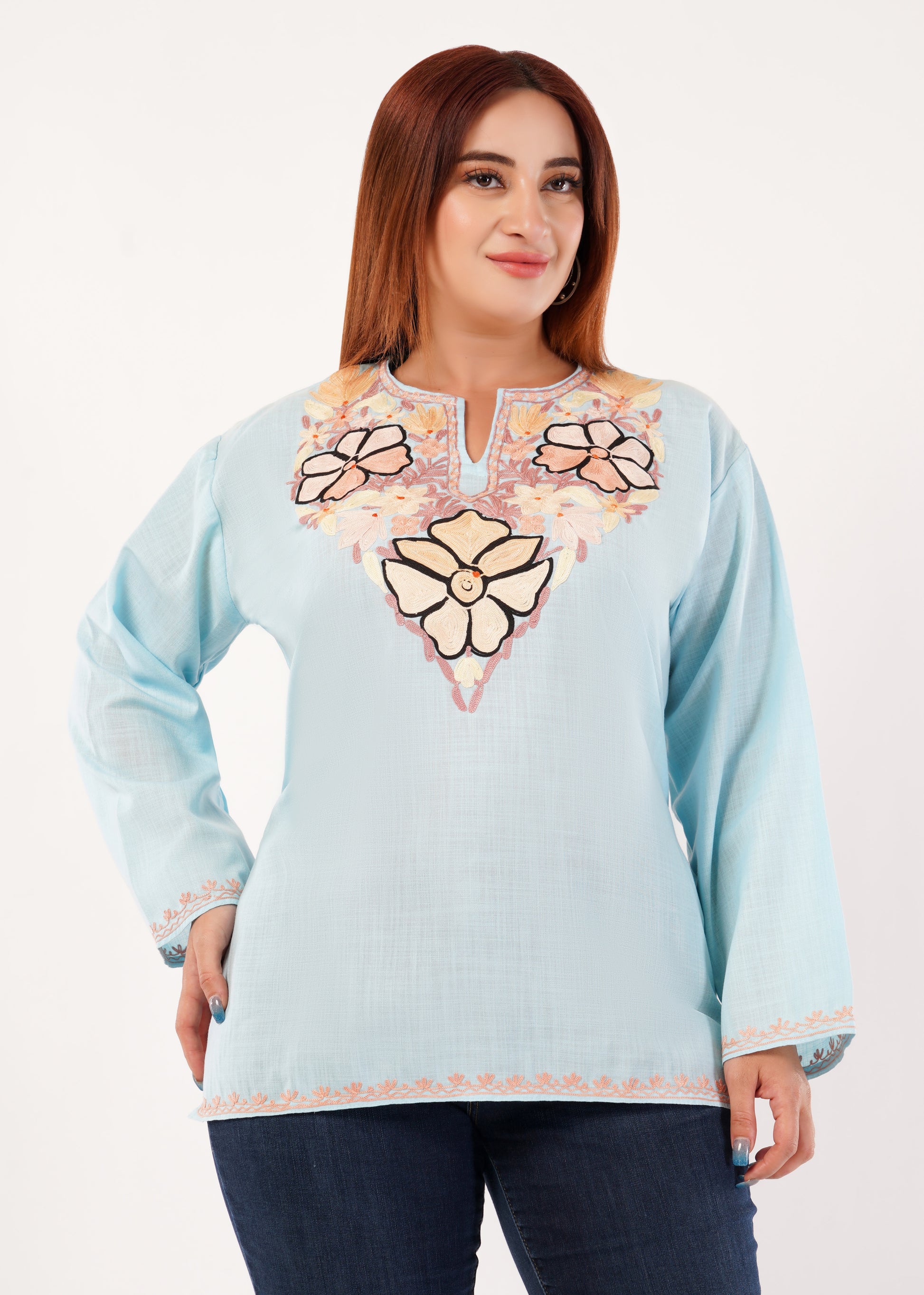 Kashmiri Aari embroidery Cotton Short Kurti Size-46 (Sky Blue)