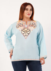 Kashmiri Aari embroidery Cotton Short Kurti Size-46 (Sky Blue)