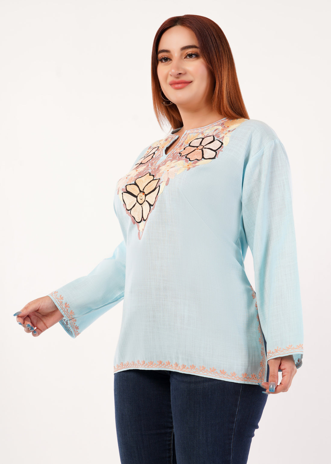 Kashmiri Aari embroidery Cotton Short Kurti Size-46 (Sky Blue)