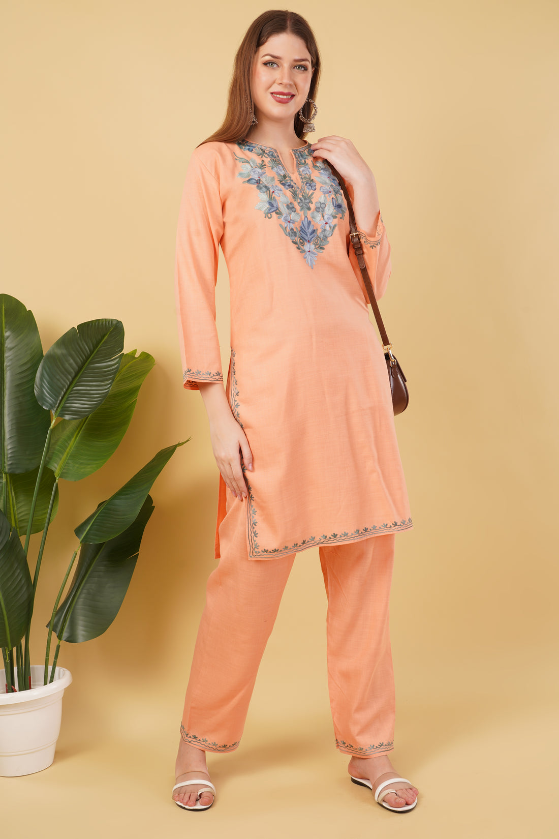 Kashmiri Aari embroidery Cotton Co-ord set Size-42 (Peach)