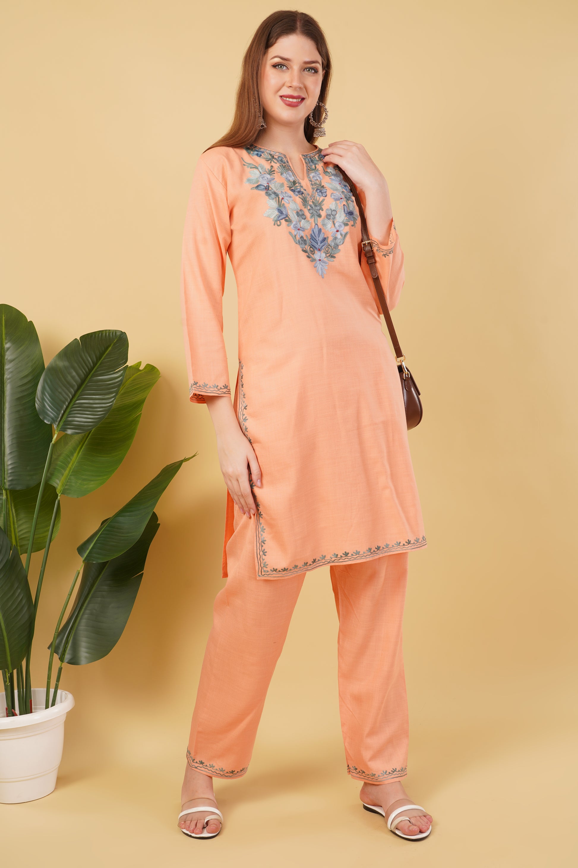 Kashmiri Aari embroidery Cotton Co-ord set Size-42 (Peach)