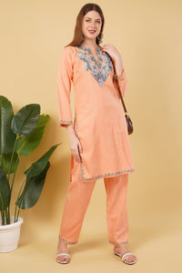 Kashmiri Aari embroidery Cotton Co-ord set Size-42 (Peach)