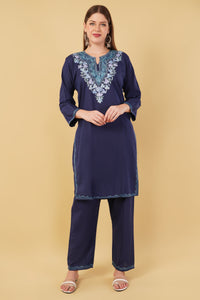 Kashmiri Aari embroidery Cotton Co-ord set Size-42 (Navy Blue)