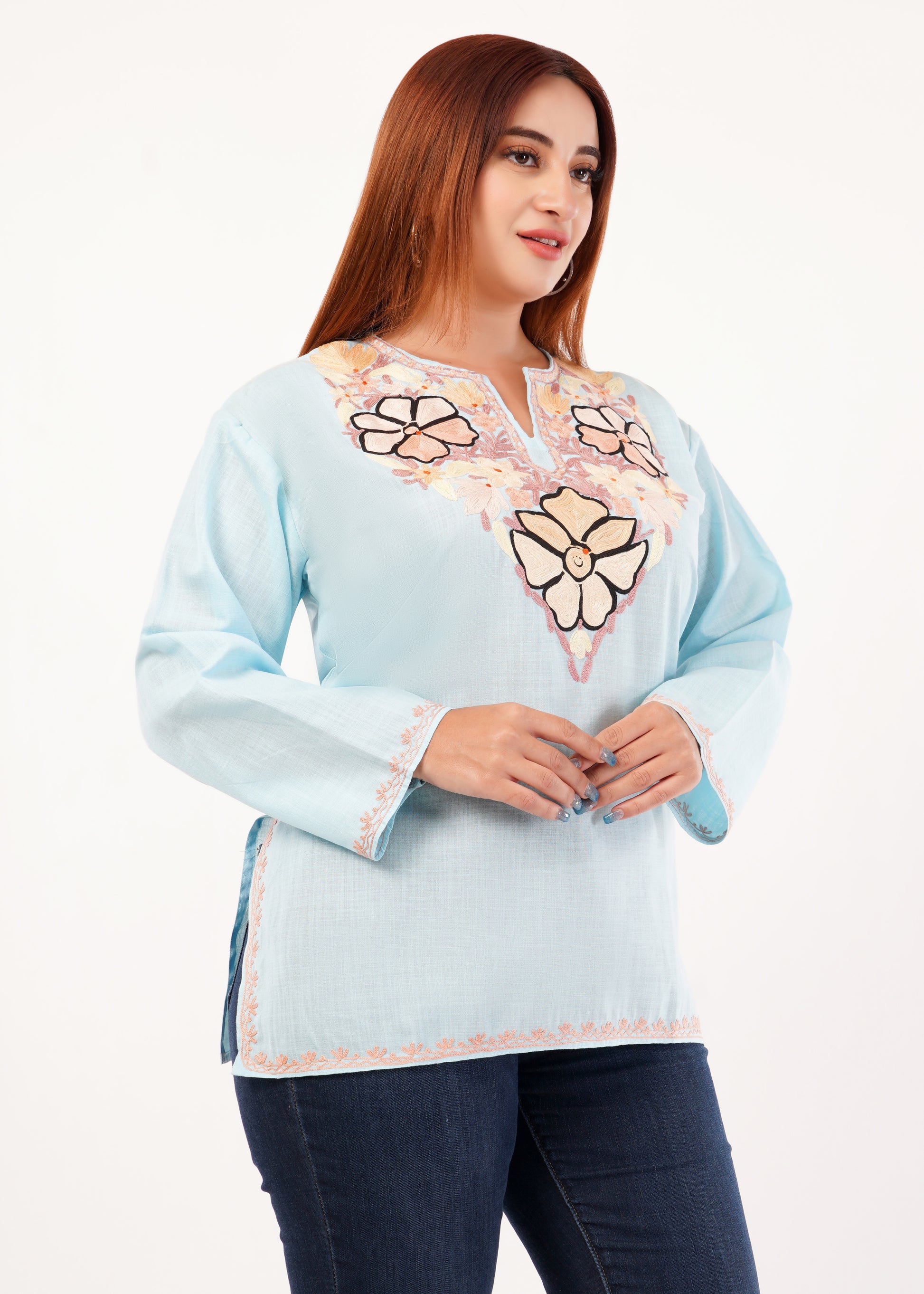 Kashmiri Aari embroidery Cotton Short Kurti Size-46 (Sky Blue)