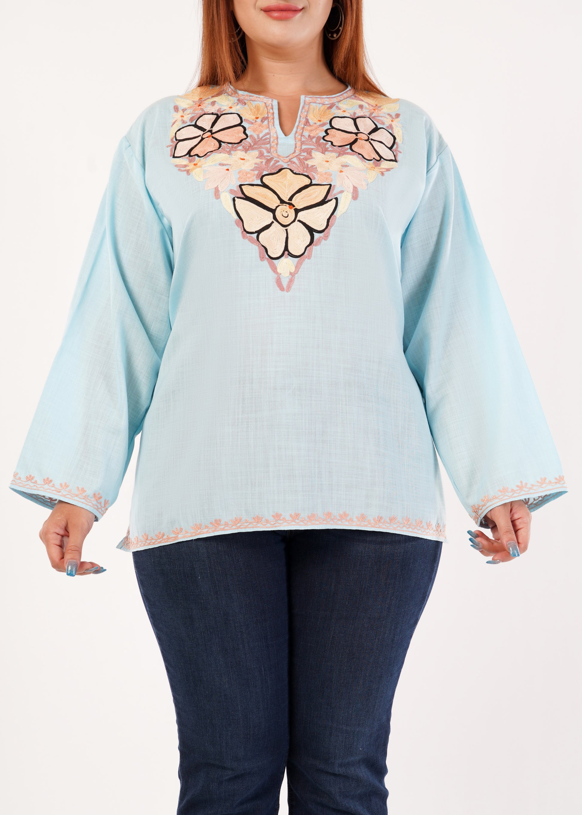 Kashmiri Aari embroidery Cotton Short Kurti Size-46 (Sky Blue)