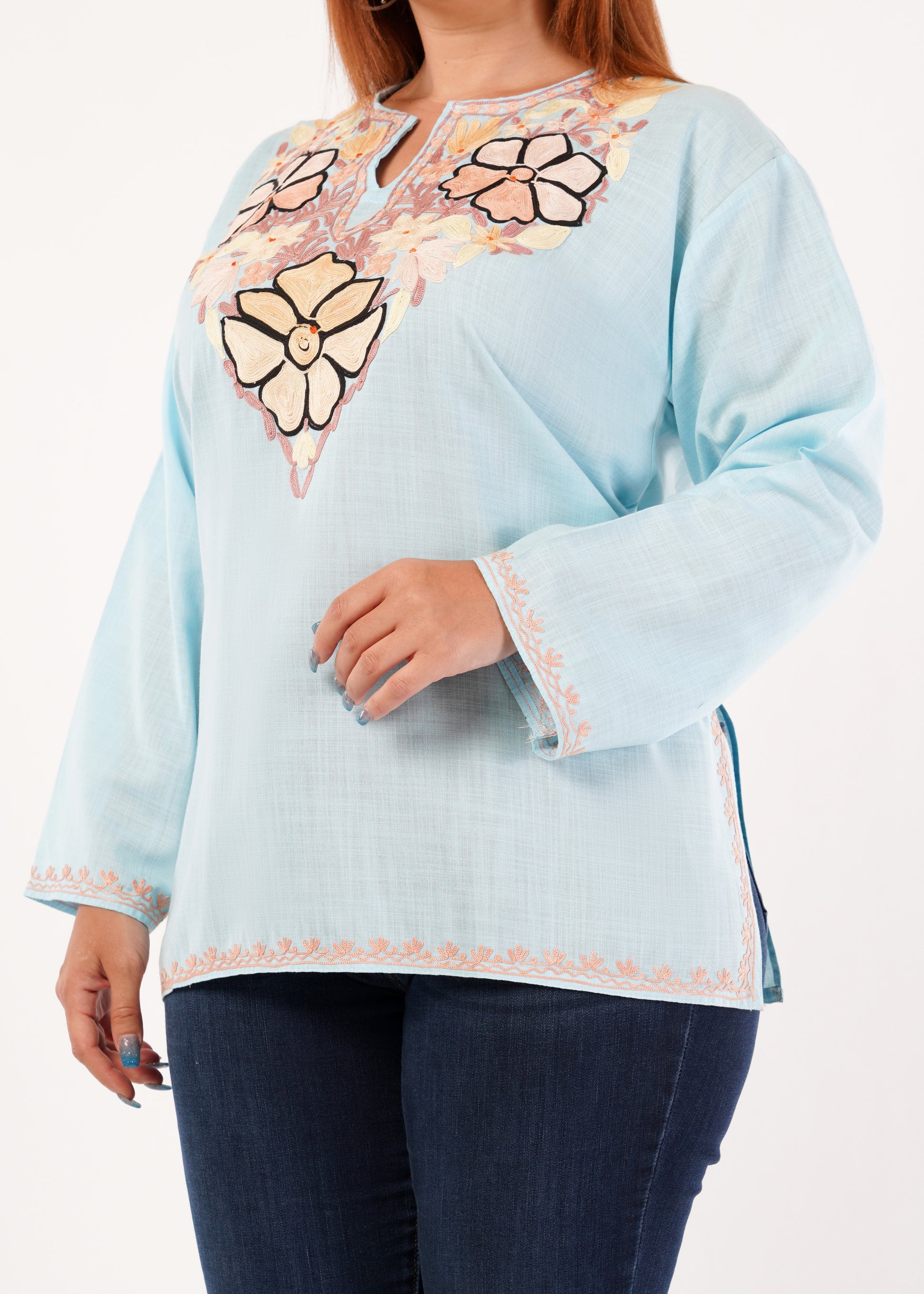 Kashmiri Aari embroidery Cotton Short Kurti Size-46 (Sky Blue)