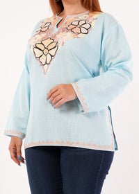Kashmiri Aari embroidery Cotton Short Kurti Size-46 (Sky Blue)