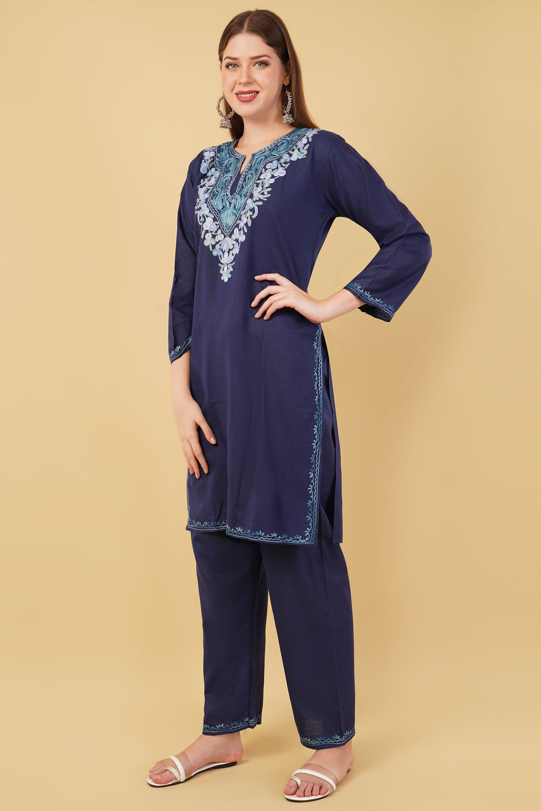 Kashmiri Aari embroidery Cotton Co-ord set Size-42 (Navy Blue)