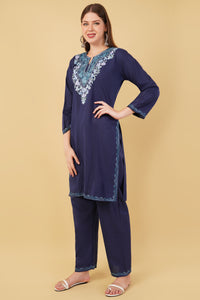 Kashmiri Aari embroidery Cotton Co-ord set Size-42 (Navy Blue)
