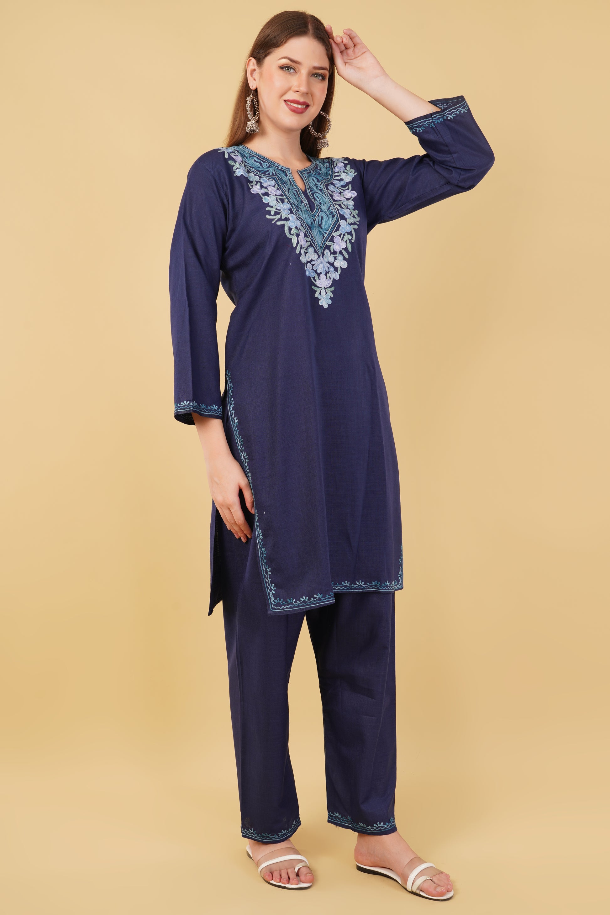 Kashmiri Aari embroidery Cotton Co-ord set Size-42 (Navy Blue)