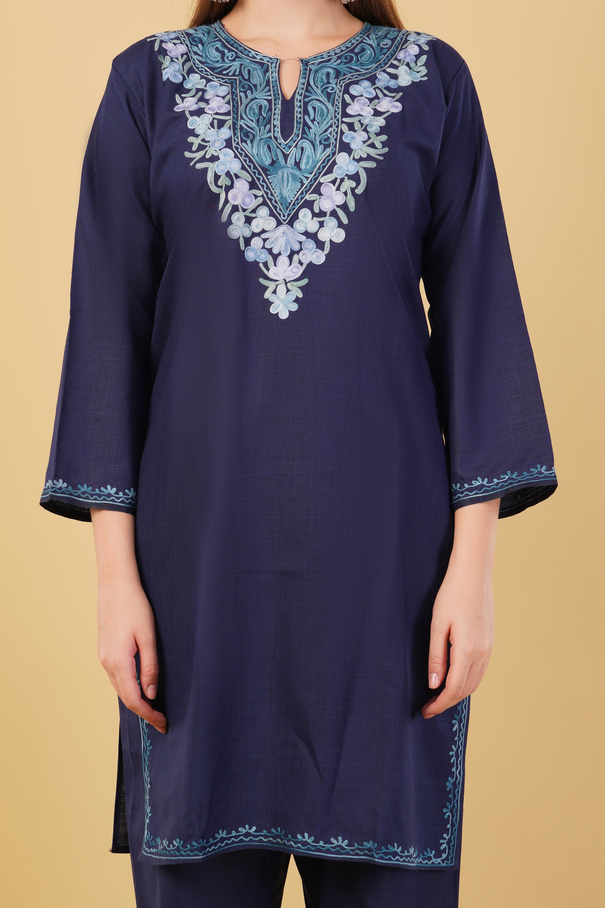 Kashmiri Aari embroidery Cotton Co-ord set Size-42 (Navy Blue)