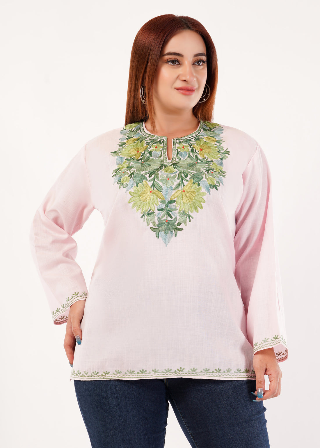 Kashmiri Aari embroidery Cotton Short Kurti Size-46 (Baby Pink)