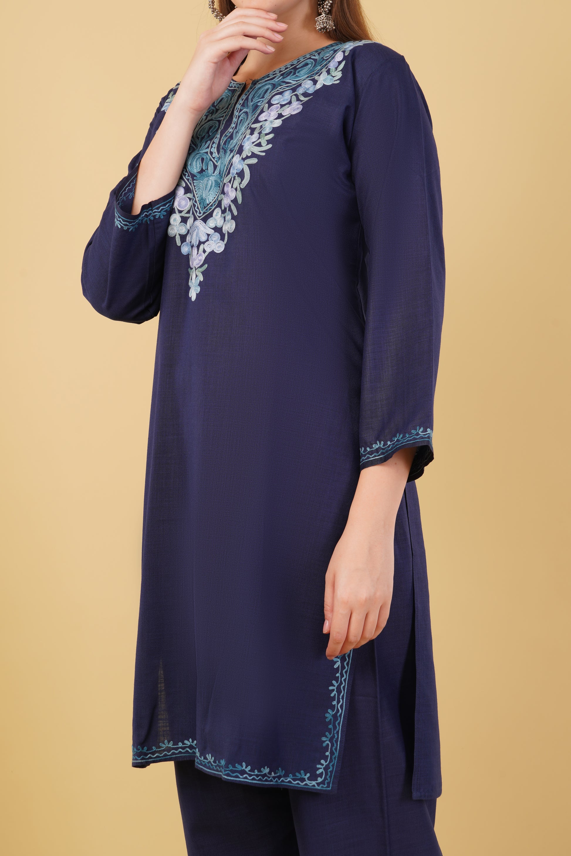 Kashmiri Aari embroidery Cotton Co-ord set Size-42 (Navy Blue)