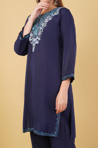 Kashmiri Aari embroidery Cotton Co-ord set Size-42 (Navy Blue)