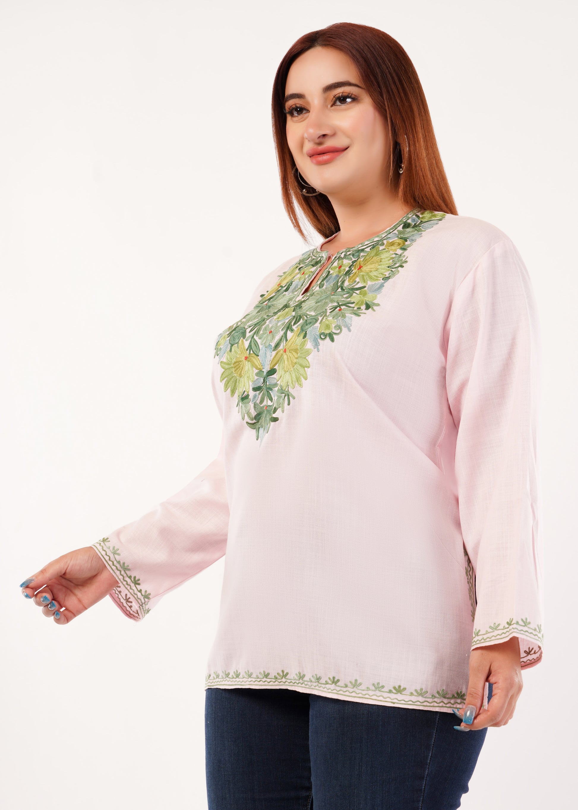 Kashmiri Aari embroidery Cotton Short Kurti Size-46 (Baby Pink)