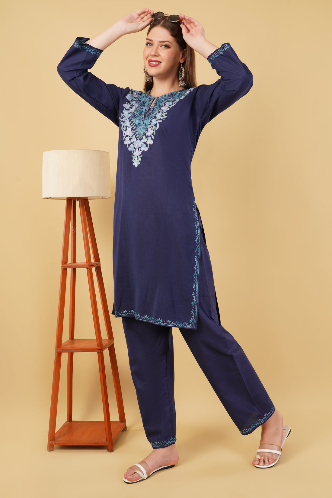 Kashmiri Aari embroidery Cotton Co-ord set Size-42 (Navy Blue)