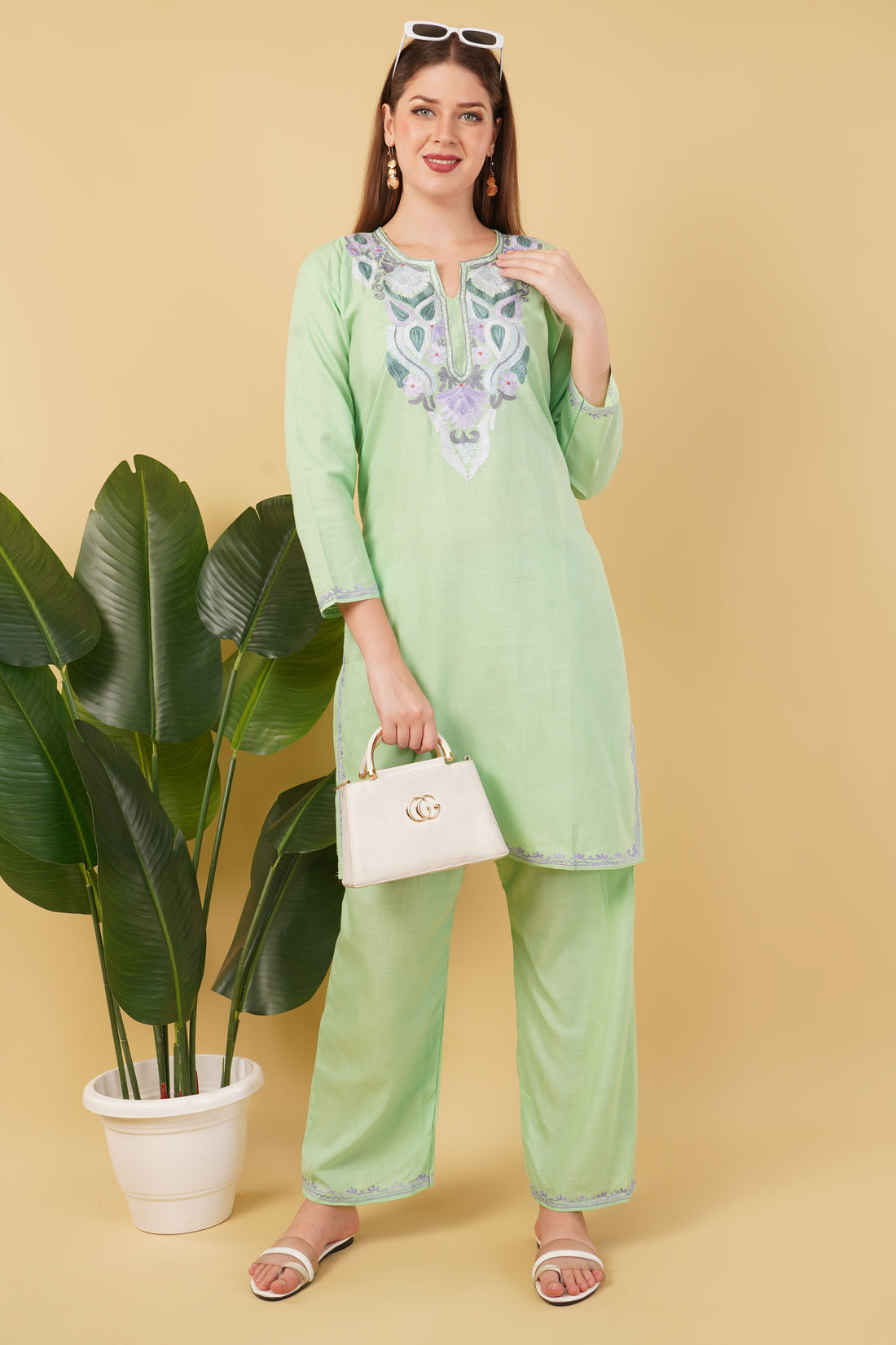 Kashmiri Aari embroidery Cotton Co-ord set Size-42 (Green)