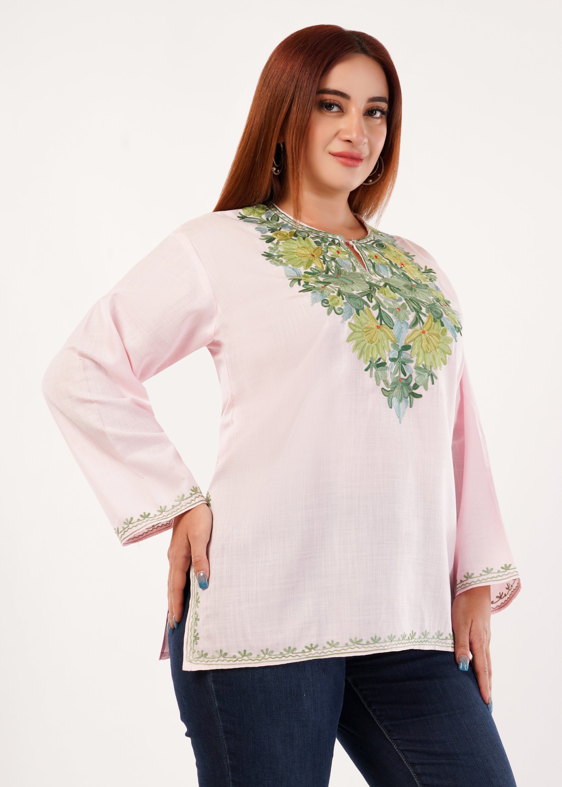 Kashmiri Aari embroidery Cotton Short Kurti Size-46 (Baby Pink)