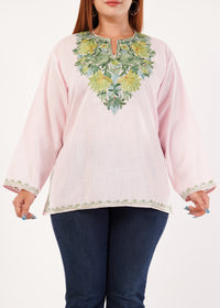 Kashmiri Aari embroidery Cotton Short Kurti Size-46 (Baby Pink)