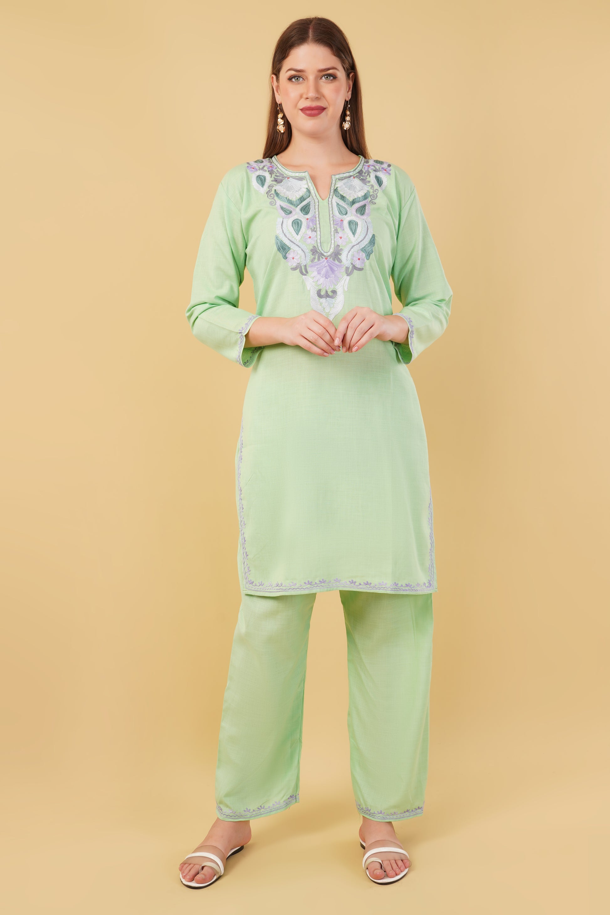 Kashmiri Aari embroidery Cotton Co-ord set Size-42 (Green)