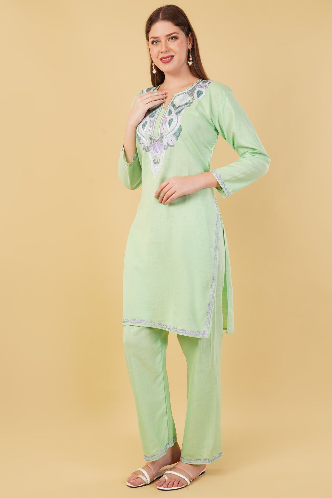 Kashmiri Aari embroidery Cotton Co-ord set Size-42 (Green)