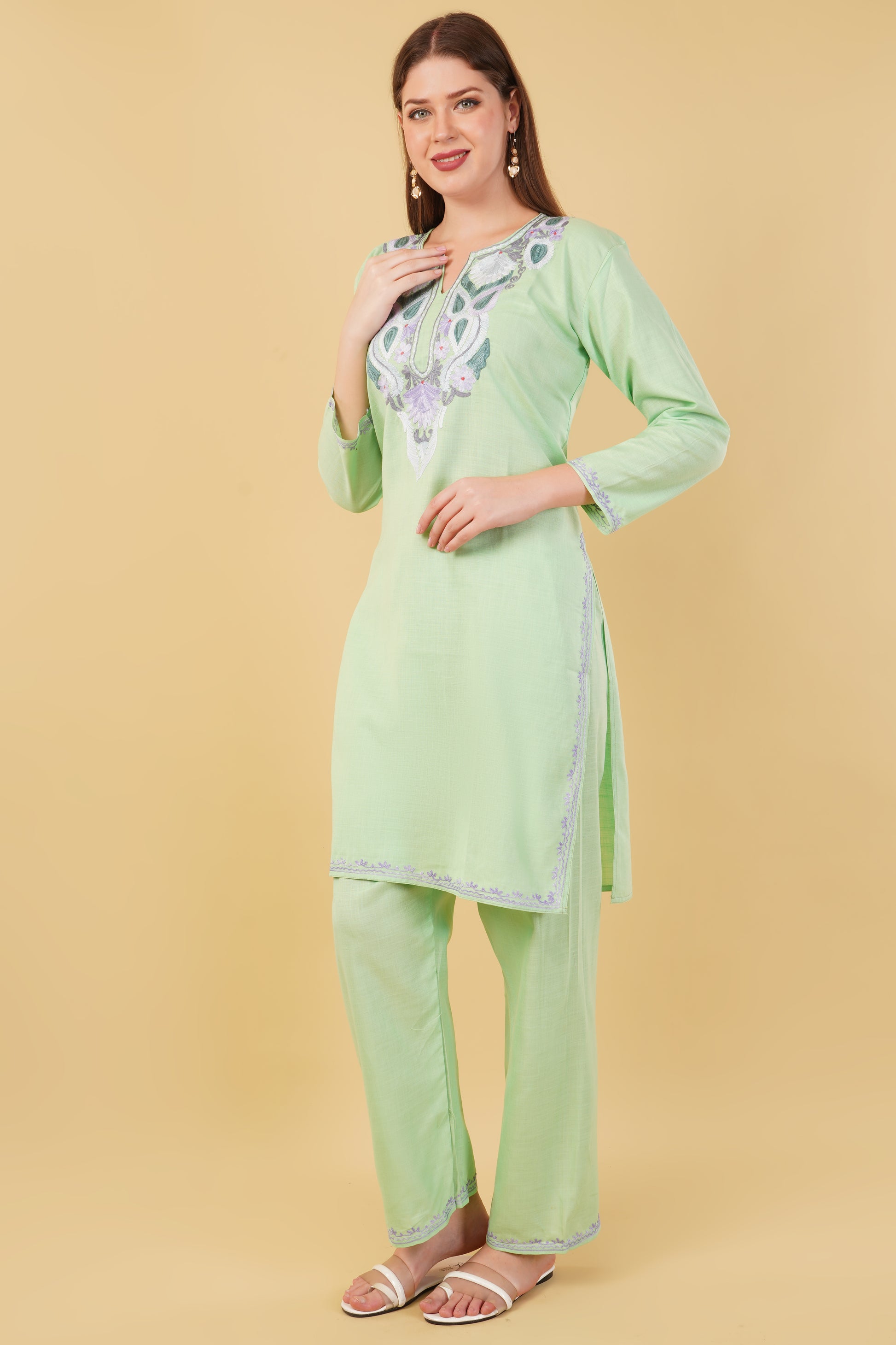 Kashmiri Aari embroidery Cotton Co-ord set Size-42 (Green)