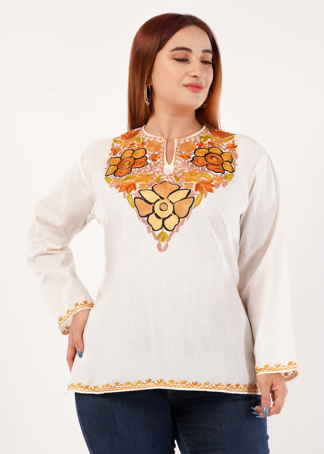 Kashmiri Aari embroidery Cotton Short Kurti Size-46 (White)