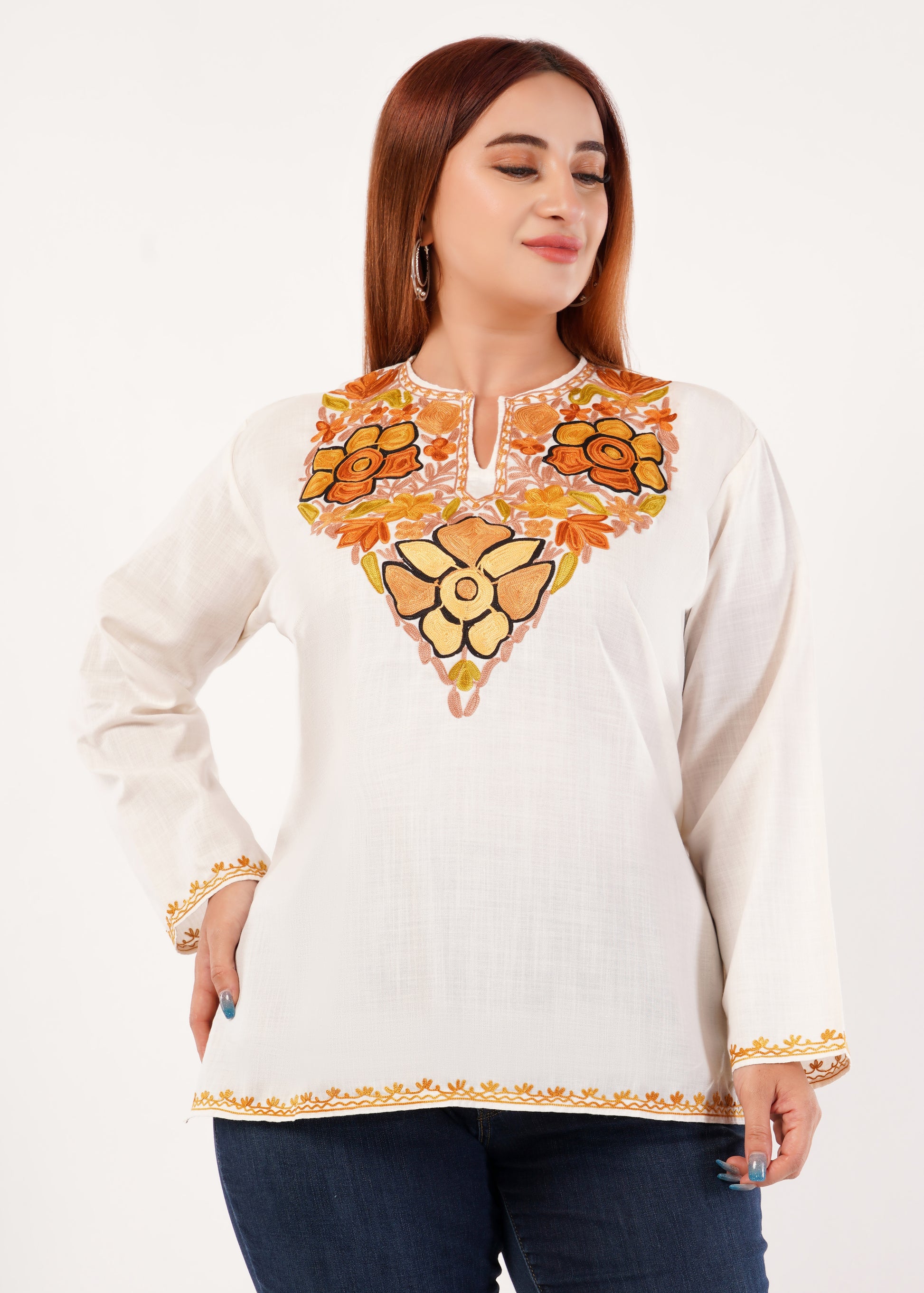 Kashmiri Aari embroidery Cotton Short Kurti Size-46 (White)