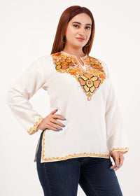 Kashmiri Aari embroidery Cotton Short Kurti Size-46 (White)