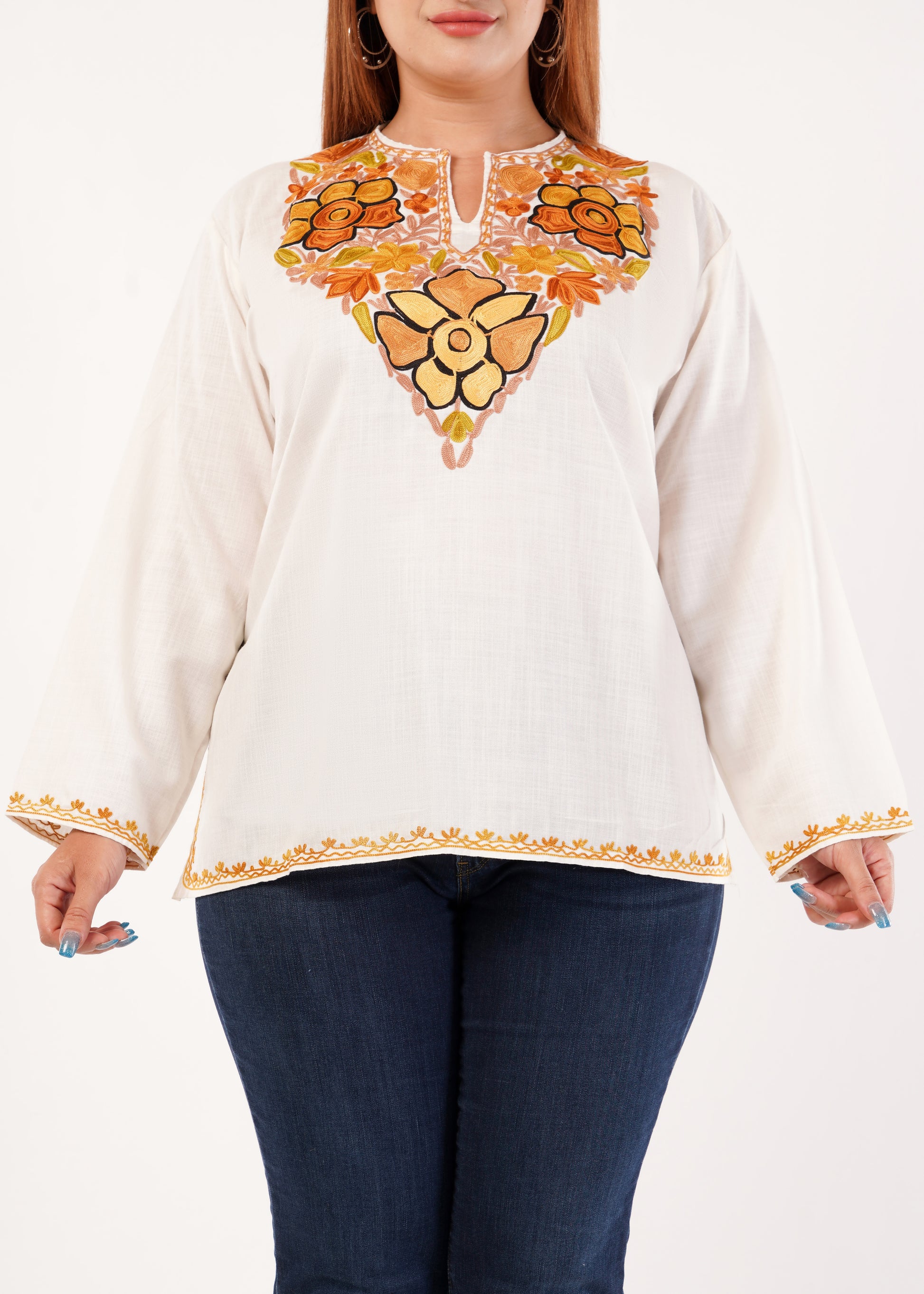 Kashmiri Aari embroidery Cotton Short Kurti Size-46 (White)