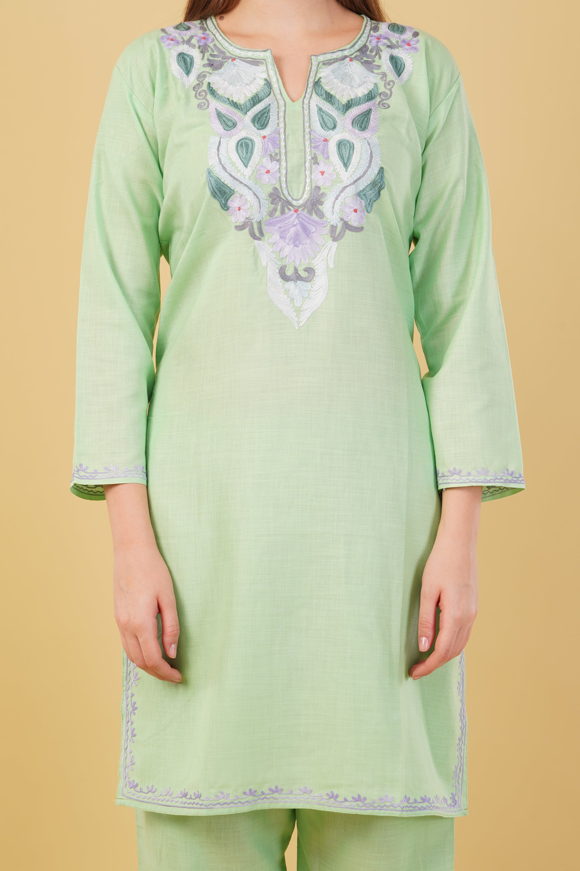 Kashmiri Aari embroidery Cotton Co-ord set Size-42 (Green)